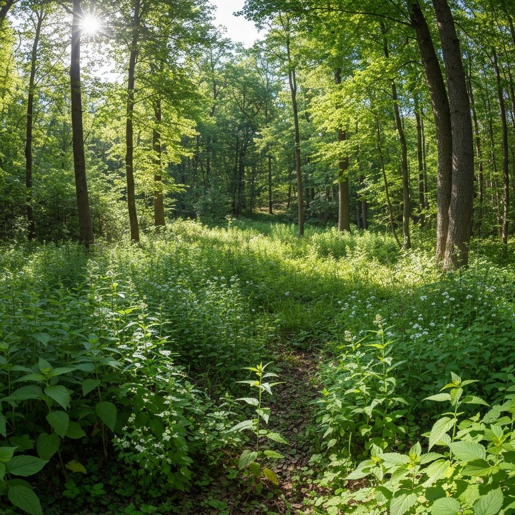 Paysage forestier avec diverses plantes et herbes en habitat naturel